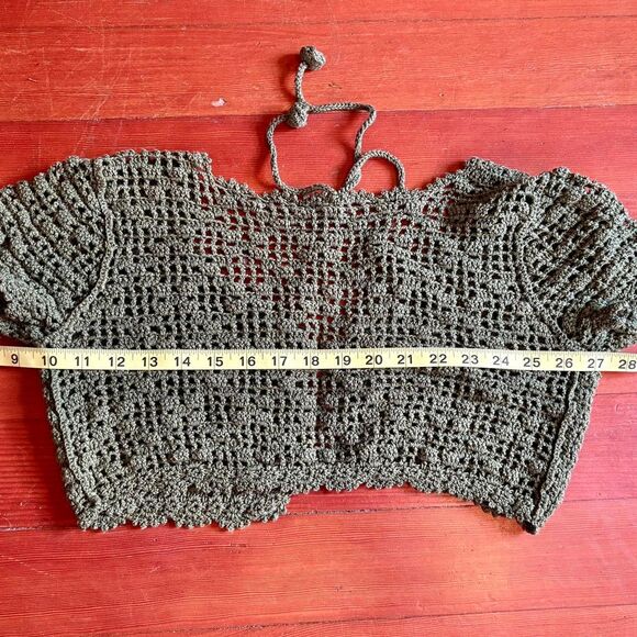 Crochet Tie Front Khaki Green Crop-Top (S/M) - Picture 6 of 6